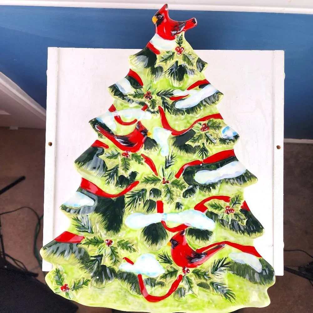 Pier 1 Hand Painted Earthenware Holly Birds Cardinals Christmas Tree Plate NWT
